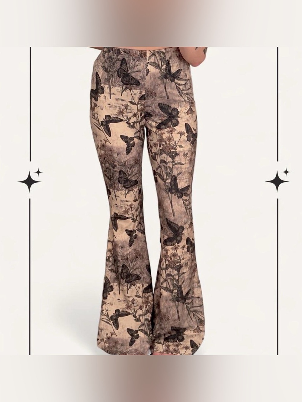 ROMWE Beige & Black Butterfly Flare Pants